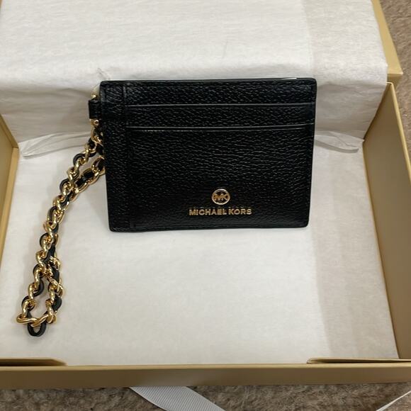 Michael Kors Black Leather Jet Set Small ID Chain Card Holder New - Picture 3 of 5
